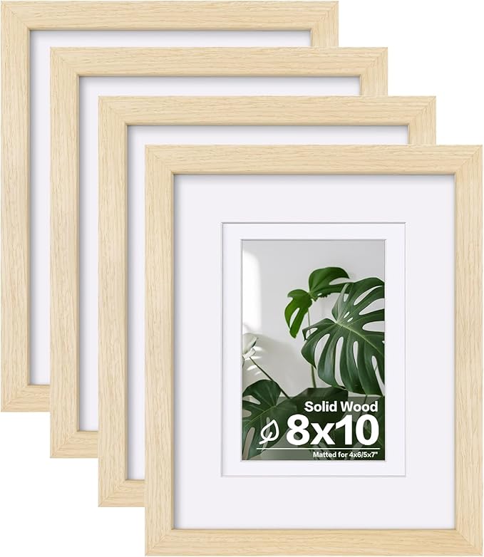 Egofine 8x10 Picture Frames Set of 4, Made of Solid Wood Covered by Plexiglass 4x6 and 5x7 with Mat or 8x10 without Mat, for Table Top Display and Wall Mounting Photo Frame Oak Wood