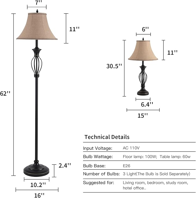 3 Pack Lamp Set, Living Room Light Set of 3, Floor and Table Lamp Set in Black Finish with Vintage Brown Fabric Light Shades, 26" and 61"(H), Solid Iron
