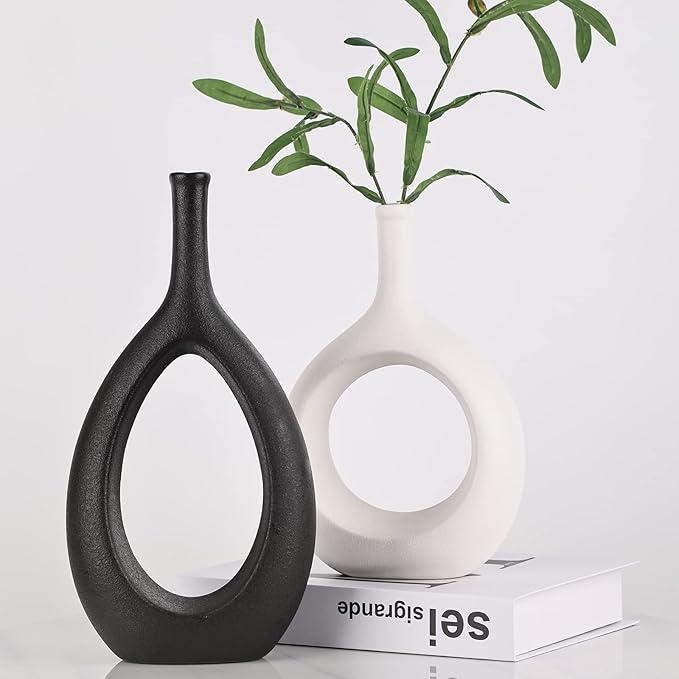 Black and White Ceramic Hollow Elliptical Vase Set of 2 - Boho Circle Vase with Hole, for Modern Black and White Table Decor, Living Room Decor Shelf mid Century Modern Home Entrance Decorative vase