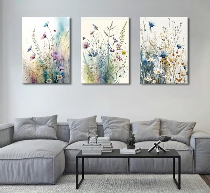 dgbtcart Watercolor Flower Canvas Wall Art Bathroom Decor Elegant Floral Wall Decor Colorful Botanical Painting Prints Flower Pictures for Living Room Bedroom Home Office Decoration 12"x16"x3pcs