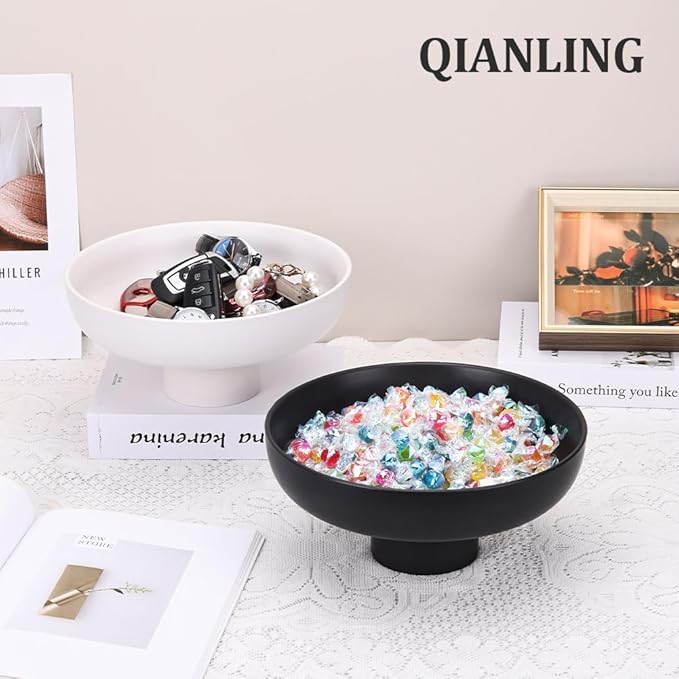 QIANLING Modern Large Decorative Bowl - White Fluted Pedestal Bowl, Multi-Functional Fruit Bowl, Key Bowl, Candy Dish, Ideal for Entryway Table, Kitchen Counter, Living Room, Coffee Table Decor