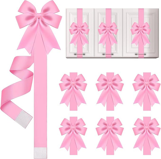 WILLBOND 6 Pieces Pink Christmas Cabinet Ribbons Bows Large Pink Bow Christmas Door Kitchen Cabinet Ribbon Bows Locker for Xmas Holidays Party Decorations Supplies