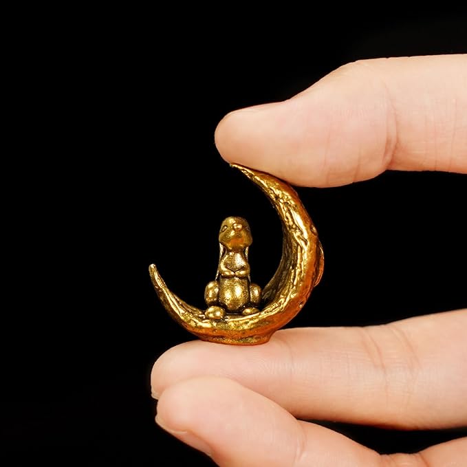CHOVY Retro Handcrafted Moon Rabbit Sculpture - 100% Solid Brass Adorable Rabbit Sitting on Crescent Moon | Vintage Style Collectible Art Piece for Home & Office | Unique Gift for Lunar Lovers
