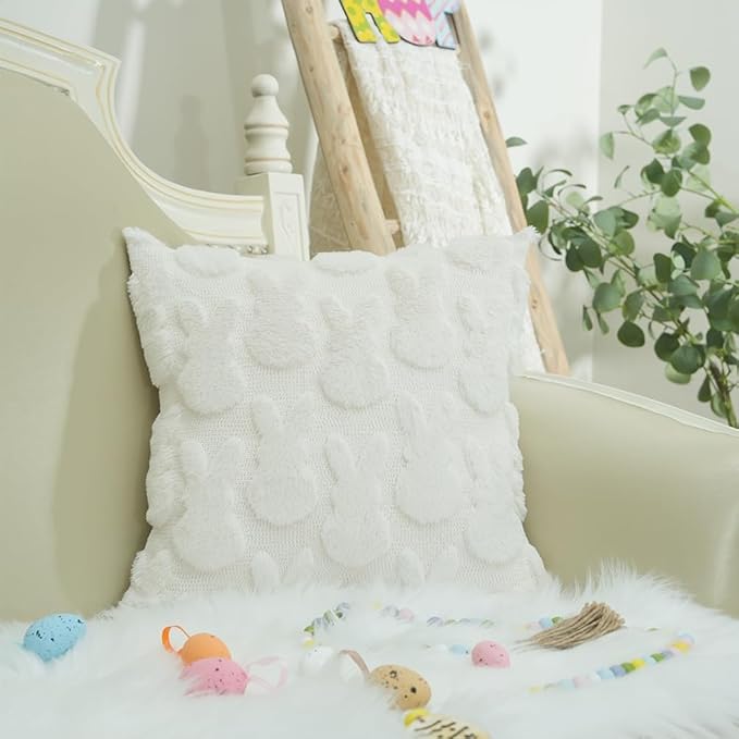 GEEORY Easter Bunny Soft Plush Pillow Covers, 16 x 16 Inch Set of 2, Fluffy Faux Fur Wool Decorative Farmhouse Cushion Case for Sofa Home Decoration Beige GC013-16