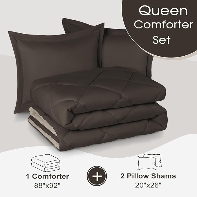 Basic Beyond Queen Comforter Set - Brown Comforter Set Queen, Reversible Bed Comforter Queen Set for All Seasons, Brown/Ivory, 1 Comforter (88"x92") and 2 Pillow Shams (20"x26"+2")