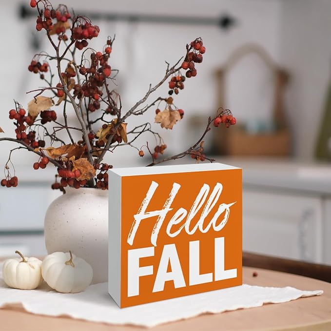 Hello Fall Sign, Autumn Decor Art, Small Wooden Box Sign, Rustic Farmhouse Tabletop Decor, Fall Seasonal Decoration for Home Office Cafe Shop Coffee Bars, Decorative Wood Signs A1