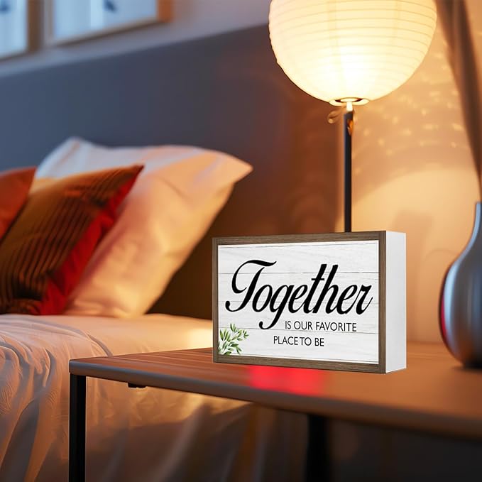 Together is Our Favorite Place Wooden Box Sign Desk Decor,Family Quotes Wooden Block Plaque Sign for Home Farmhouse Living Room Bedroom Shelf Table Wall Decor
