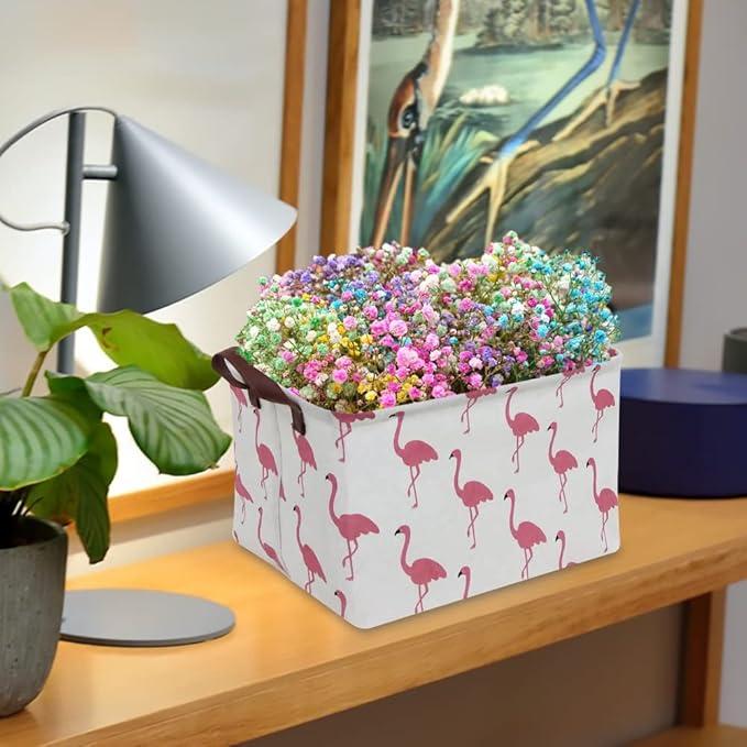 CLOCOR Rectangular Flamingo Storage Basket,Collapsible Cute Pattern Storage Bin,Waterproof Coating Storage Box with Handles,Gift Baskets, Shelf Basket (Flamingo)