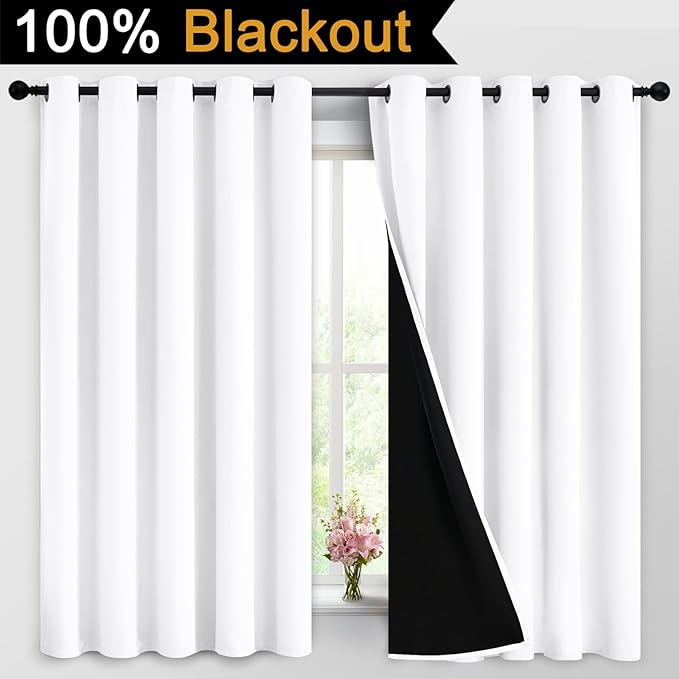 Yakamok 2 Thick Layers Pure White 100% Completely Blackout Curtains Thermal Insulated Room Darkening Drapes for Bedroom(62Wx63L, Pure White, One Pair)