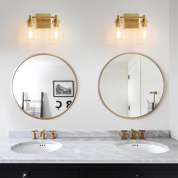 Gold Bathroom Vanity Light Fixture, 2 Light Bathroom Light Fixtures Over Mirror with Clear Glass Shade and Metal Base Wall Sconce,13.4 inch Modern Vanity Light for Bathroom (Exclude E26 Bulb)