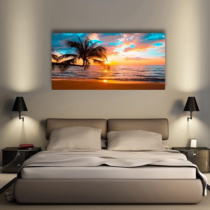 Beach Sunset Pictures Canvas Wall Art For Living Room Bedroom Wall Decor,Sunset Wall Art Print Paitnings For Home Decor,Morden Artwork Palm Cloud Canvas Art Waterproof Ready To Hang-28x57 Inches