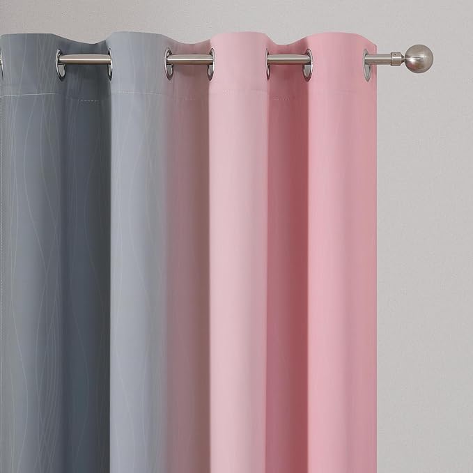 Estelar Textiler Ombre Gray and Pink Blackout Curtains 63 Inch Length 2 Panels, Full Light Blocking Curtains for Kids Room, Grommet Thermal Insulated Gradient Drapes for Girl's Room, 52x63 Inch
