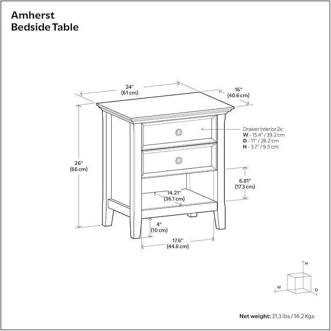 SIMPLIHOME Amherst Solid Wood 24 Inch Wide Traditional Bedside Nightstand Table in Russet Brown, for The Living Room and Bedroom