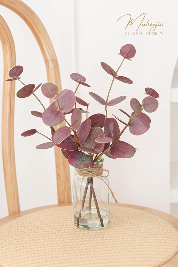 Artificial Eucalyptus Stems in Glass Vase with Faux Water,3Pcs Fake Plant with Double-Sided Purple Leaves for Centerpiece(Double-Sided Purple Eucalyptus)