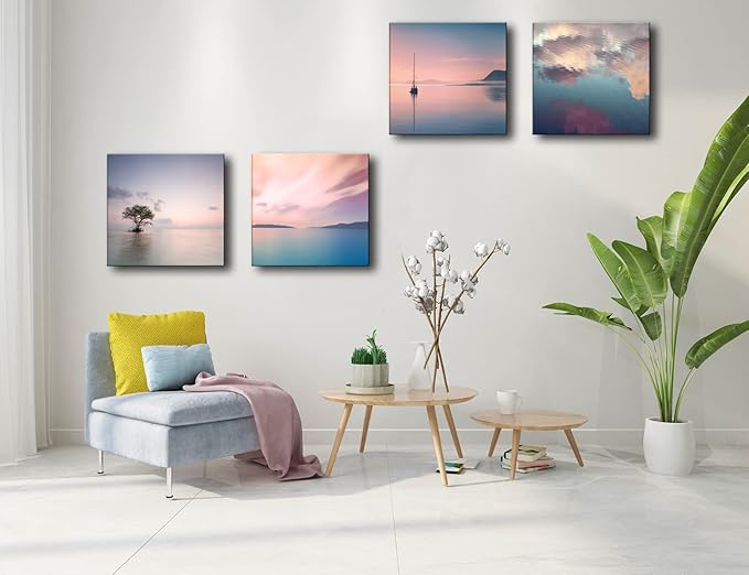 dgbtcart Romantic Sunset Beach Canvas Wall Art - Ocean Pictures Prints Colorful Seascape Painting Artwork for Bedroon Living Room, Bathroom - Office Kitchen Wall Decor 16"x 16" x 4 Panels