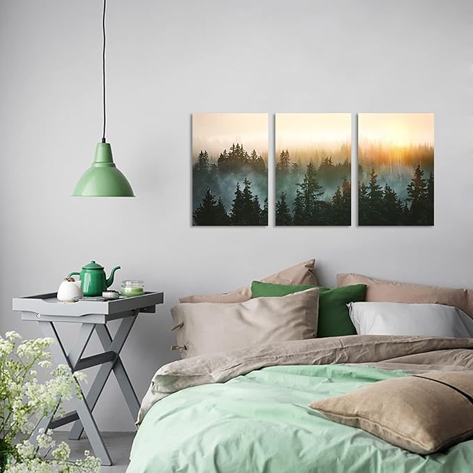 Forest Bathed in Sunlight Canvas Print Picture Painting Wall Art for Bedroom Living Room Framed 3 Piece Artwork Wall Decor for Bathroom Modern Room Plants Wall Decorations Size 16x24x3 Ready to Hang