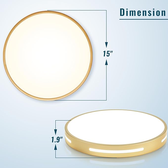 Gold LED Flush Mount Light Fixture - 15 inch, 36W Set of 2, Dimmable Kitchen Lighting, Modern Ceiling Mount for Bedroom, Bathroom, Living Room