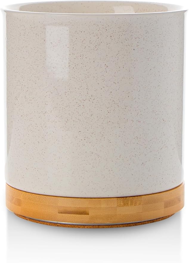 Nucookery 360°Rotating Utensil Holder, 7.2" Large Utensil Crock, Ceramic Cooking Utensil Organizer with Countertop-Protection Cork Bottom for Farmhouse Kitchen Decor Christmas Thanksgiving Gift (Sand)