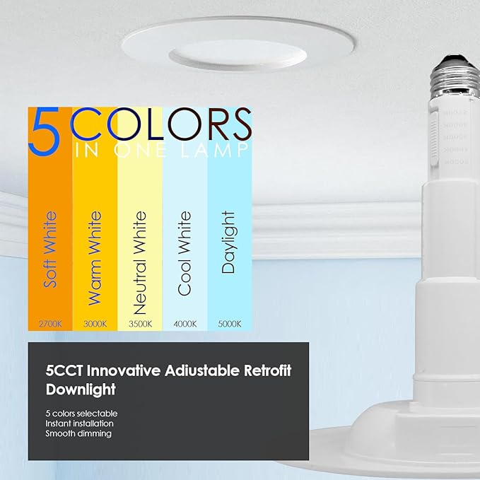 Jolux 12-Pack 5CCT Retrofit LED Recessed Lighting 6 Inch,Selectable 2700K/3000K/3500K/4000K/5000K,12W=60W,800Lumen,Dimmable Can Lights,Simple Installation Adjustable Retrofit Downlight,Bevel Trim