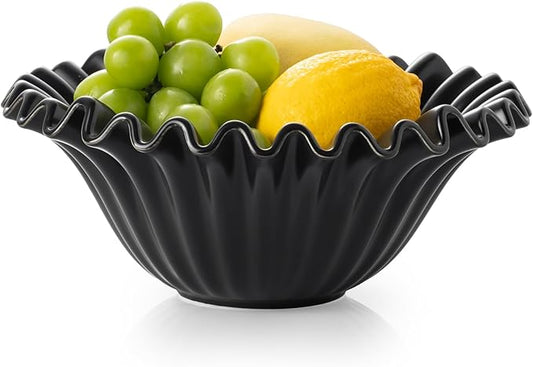 Large Decorative Bowl, Porcelain Fruit Bowl for Kitchen Counter HandCrafted Ruffle Flower Bowl for Home Decor Stylish Fluted Dish for Party, Black (10 inch) Halloween