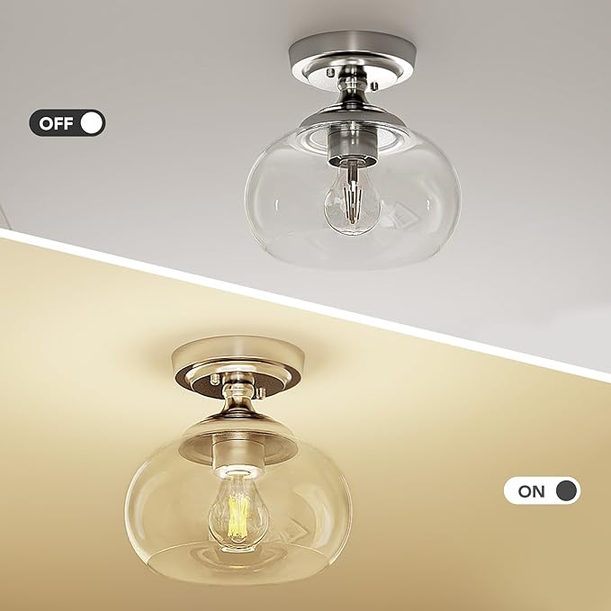 VONLUCE Industrial Semi Flush Mount Ceiling Light, 8.3" Ceiling Light Fixture with Clear Glass Shade, Farmhouse Lighting for Hallway Kitchen Bedroom Entryway, Brushed Nickel Flush Mount Light Fixture