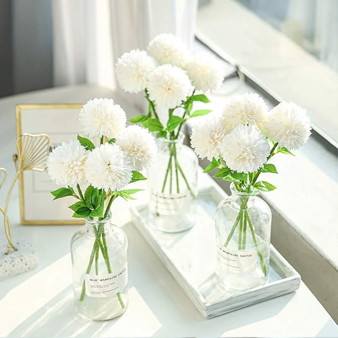 Floweroyal 12pcs Artificial Chrysanthemum Ball Flowers Silk Hydrangea Bridal Wedding Bouquet for Home Garden Party Office Coffee House Decoration (Cream White)