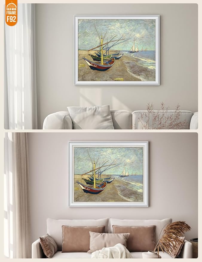 DECORARTS - Boats At Saintes Maire, Vincent Van Gogh Art Reproduction. Giclee Print w/Bronze Frame&Mat for Wall Decor. 30x24,