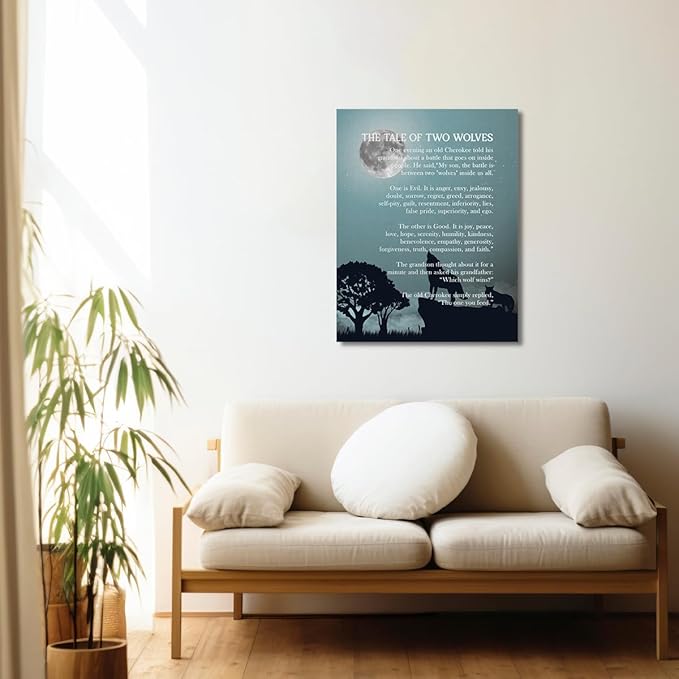 Wolf Wall Art, Wolf Poster, The Tale of Two Wolves, Canvas Wall Art Inspirational Quote Decor, Native American Art 14x17 inch
