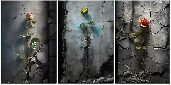 3 Pieces Large Size Poster Canvas Wall Art Inspirational Roses Grow in The Cracks of The Wall Vintage Theme Painting Artwork for Living Room Office Gallery Hotel Stretched and Framed [72''W x 36''H]
