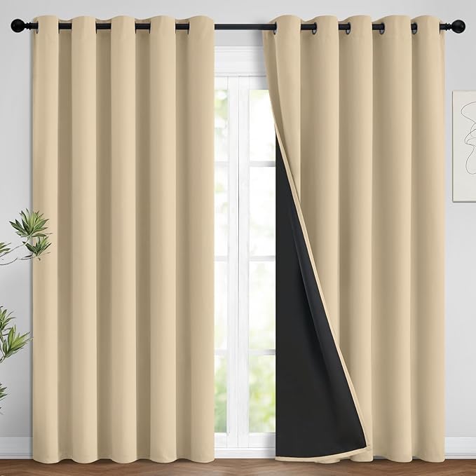 Yakamok Beige 100% Blackout Curtains, Thermal Insulated Total Blackout Drapes for Bedroom, Heat Blocking Window Curtains for Living Room(62Wx84L, 2 Panels)
