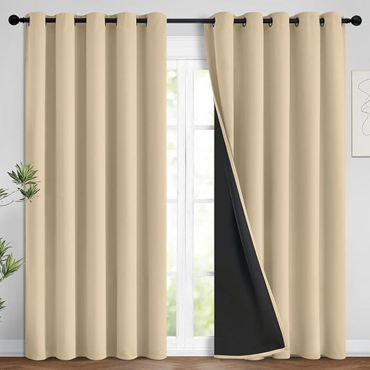 Yakamok Beige 100% Blackout Curtains, Thermal Insulated Total Blackout Drapes for Bedroom, Heat Blocking Window Curtains for Living Room(62Wx84L, 2 Panels)