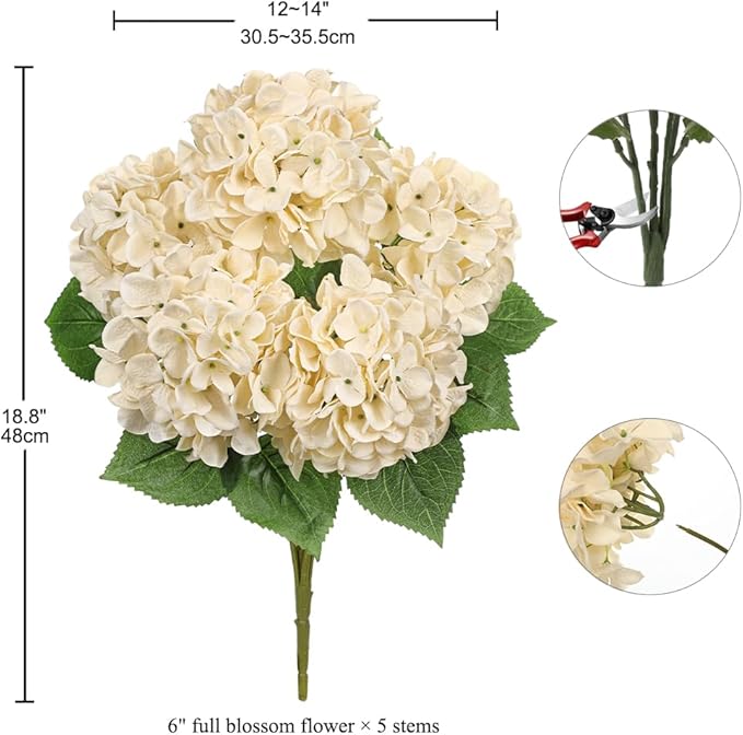 Beige Hydrangea Artificial Flowers Large Artificial Hydrangeas Silk Flowers for Home Decor Indoor Wedding Flowers Bouquets Faux Flowers Kitchen Centerpiece Table Decorations