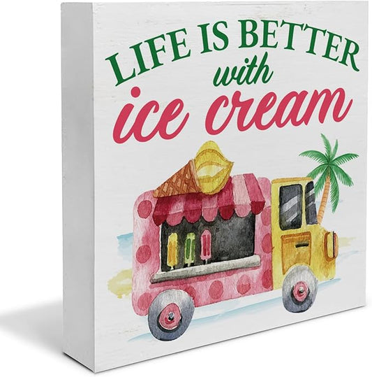 Summer Decor - Ice Cream Truck Decorations Summer Popsicle Wooden Sign Home Shelf Desk Decor 5 X 5 Inches
