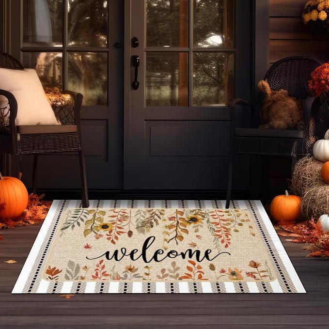 ORTIGIA Welcome Fall Doormat Indoor Outdoor Patio Eucalyptus Leaves Sunflowers Door Mats Non-Slip Durable Entrance Mat for Farmhouse Home Entrance, Outside Entry, Yard, Floor, Patio 32x47 Inch