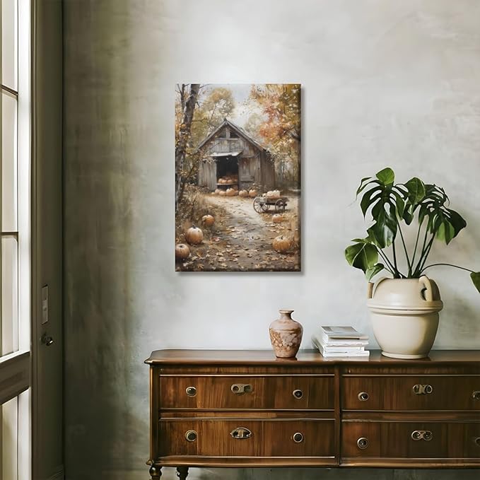 Fall Canvas Wall Art Farmhouse Pumpkin Barn Posters Retro Countryside Fall Pictures Prints Farmhouse Wall Decor for Home Living Room 24x36inch Unframed