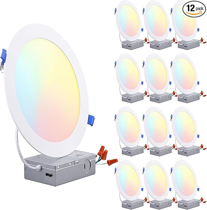 TORCHSTAR Basic Series 12-Pack 5CCT 8 Inch Ultra-Thin LED Recessed Lighting with J Box, CRI90, Aluminum, 2700K3000K3500K4000K5000K, 5%-100% Dimmable Slim Recessed Downlight, 18W 1450LM, ETL & ES