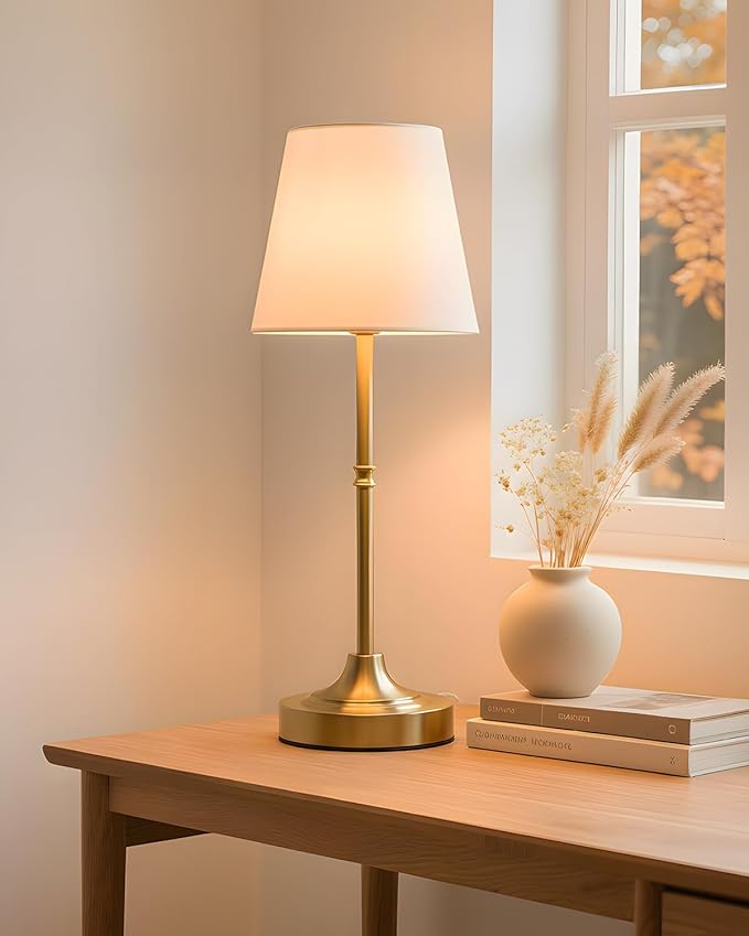 Cordless Rechargeable Lamp, Touch Dimmable Bedside Table Lamp with 3 Fabric Shade, 5200mAh Small Wireless Led Lamps for Nightstand, Portable Lamp for Bedroom, Living Room, Kitchen Counter, Brass