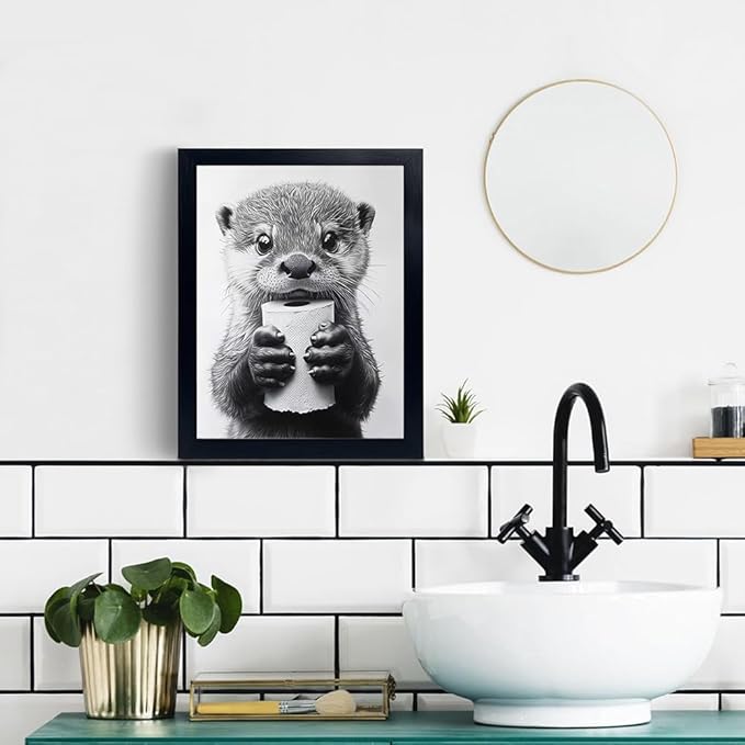 Minimalist bathroom wall decor, Otter wall art for grabbing toilet paper, hilarious, funny bathroom animal art, black and white canvas print painting can be hung directly - frame -11 "x 14"