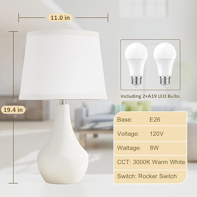Seealle Modern Ceramic Table Lamps for Night Stands - Bedside Lamps Set of 2 for Nightstand, 19.4" White Bedroom Lamp for Living Room Cute Desk End Table Office Guest Room Dresser Rocker Swtich
