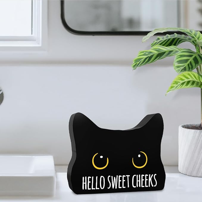 Sweet Cheeks Funny Bathroom Acrylic Decor Sign Black Cat Decor Cat Decor for Home Bathroom Cat Lover Gifts For Women Men