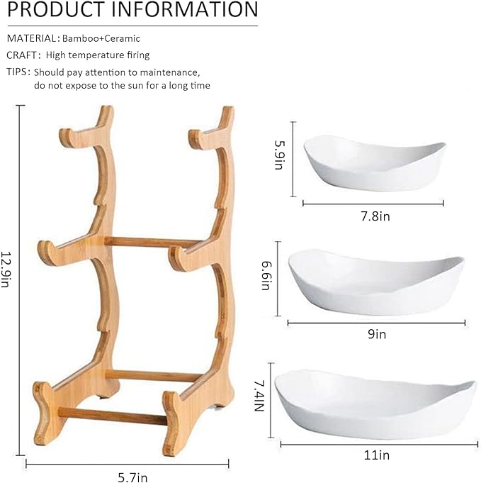 3 Tier Ceramic Fruit Bowl With Bamboo Wood Stand for Kitchen Counter,Porcelain Fruit Basket for Vegetable Storage,Snack Dessert Cake Tray Plate Rack for Party Wedding - White