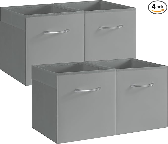 StorageWorks Gray Storage Cubes, 11 Inch Cube Storage Bins with Handle, Cube Storage Organizer Bins for Shelves and Closet, Collapsible Storage Bins, 4-Pack