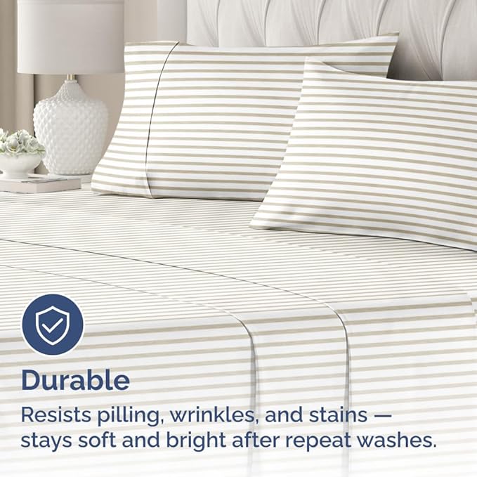 Queen Pillow Cases Set of 2 - Ultra Soft Hotel Quality Pillowcase Covers - Comfy, Cozy & Wrinkle Free - Shrinkage & Fade Resistant - Machine Washable Pillow Protectors - 2 Piece Set - Beige Stripes 2