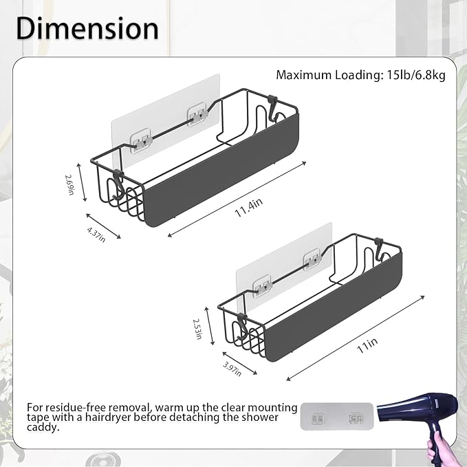 Epock Adhesive Shower Caddy, No Drill Shower Shelves 2 Pack 4 Hooks Rust-Proof Metal Bathroom Organizer shower rack with for Bathroom, Kitchen, RV Storage, Matt Black