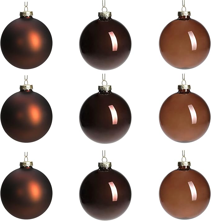 DN DECONATION Brown Glass Christmas Ball Ornaments, Set of 9, 3' Hanging Christmas Baubles for Xmas Tree Decoration, Wedding Party Gift