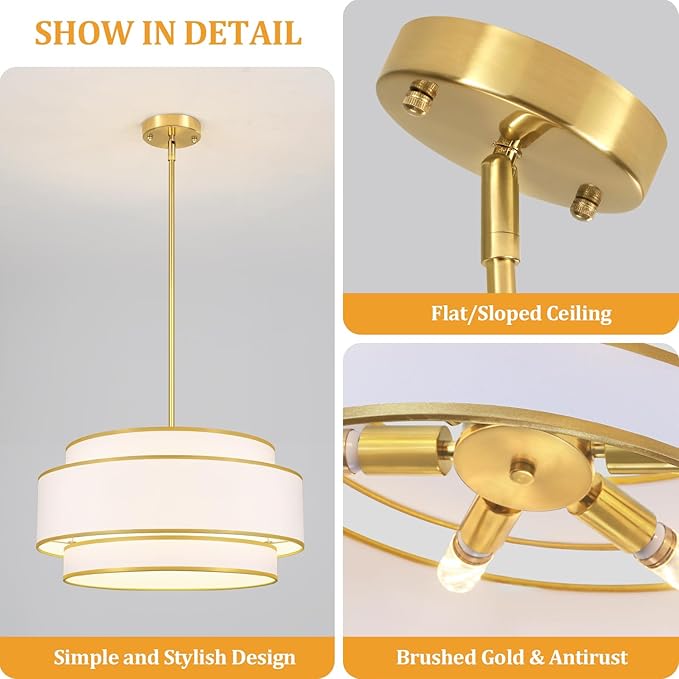 19.7''Drum Chandelier Dining Room Light Fixtures,3-Tier Modern White Fabric Chandelier Brushed Gold Pendant Lights Kitchen Island Lighting, Farmhouse Chandeliers for Living Room Foyer Staircase