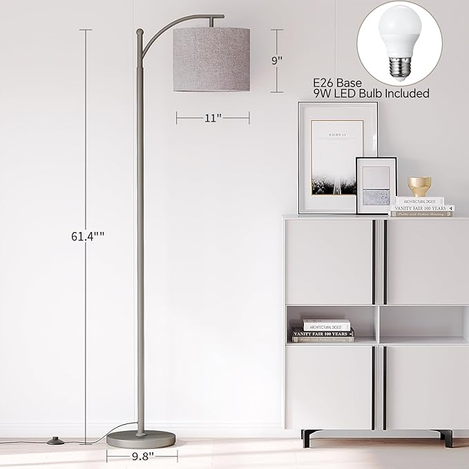 SUNMORY Arc Floor Lamp,Modern Floor Lamp with 9W 3 Color Temperatures Bulb,Metal Standing Lamps with Adjustable Hanging Lampshade,Tall Floor Lamps for Living Room,Bedroom,Office