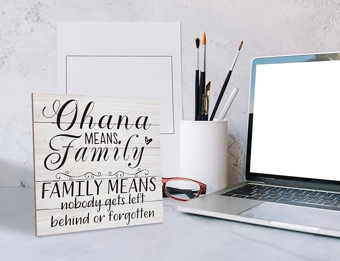 Family Wooden Plaque, “Family Means Nobody Gets Left Behind or Forgotten”, 6.2x6.2 Inch Table Art Sign, Farmhouse Quote Decor for Living Room or Home Tabletop