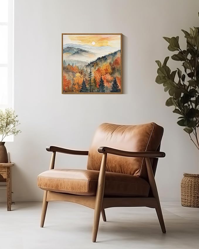 InSimSea Square Framed Canvas Wall Art, Farmhouse Nature Scenery Quiet Forest Awakening Wall Art Prints, Autumn Fall Classical Retro Home Decor for Living Room Bedroom Office 16"x16"