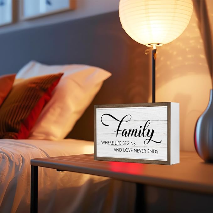 Ruvoty Family Where Life Begins and Love Never Ends Wooden Box Sign Desk Decor,Rustic Family Saying Wooden Block Plaque Sign for Home Farmhouse Living Room Bedroom Shelf Desk Tabletop Wall Decor